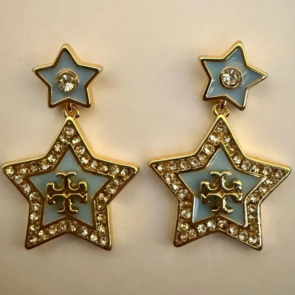 Authentic Tory Burch Gold-Tone Pale Blue Star Drop Earrings - NWT - MSRP $148